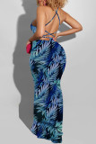 Синий модный сексуальный принт с открытой спиной и перекрестными ремешками, длинное платье на тонких бретелях, платья