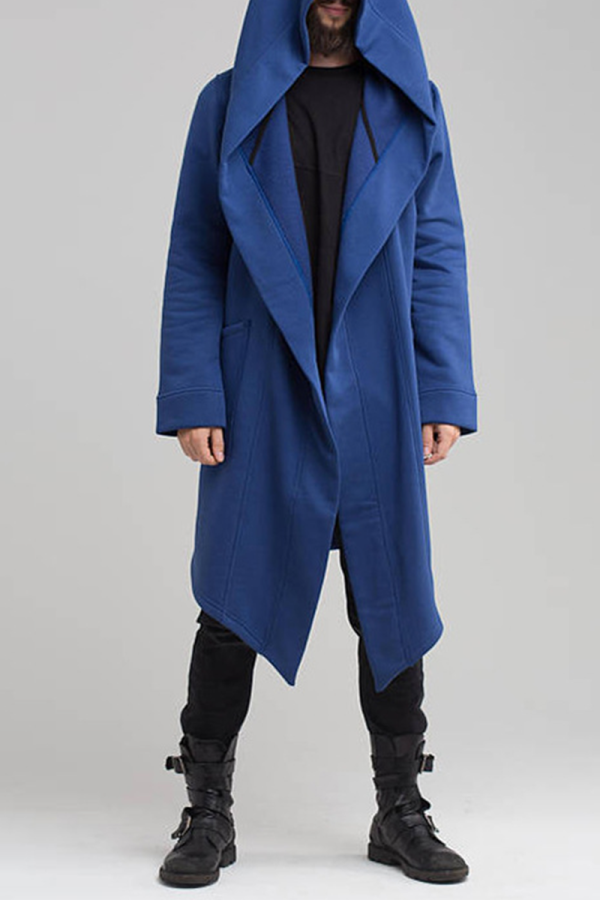 Ropa de abrigo casual sólido patchwork bolsillo con capucha cuello azul