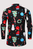 Red Fashion Street Christmas Tree Printed Snowman Printed Patchwork Buckle Turndown Collar Tops