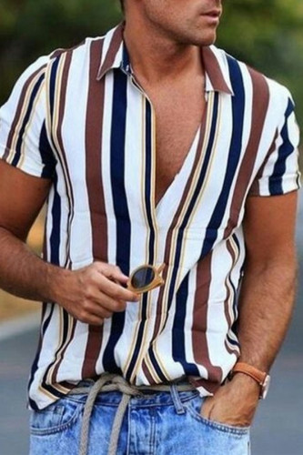 Multicolor Fashion Casual Striped Print Basic Turndown Collar Men's Shirts