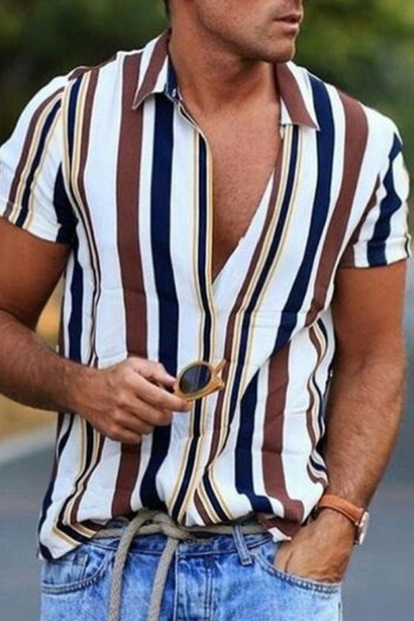 Camisas de hombre con cuello vuelto básico con estampado de rayas informales de moda multicolor