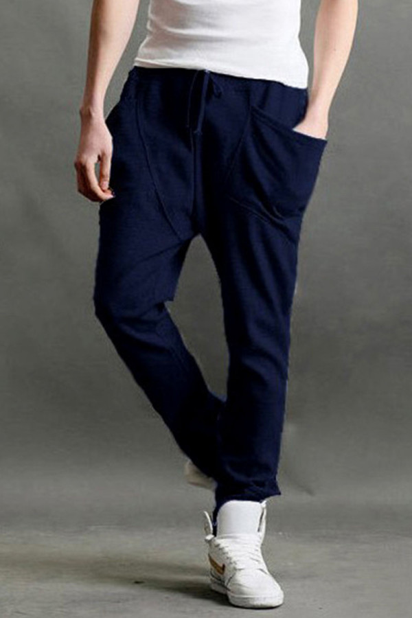 Blue Casual Solid Patchwork Pocket Harlan Mid Waist Harlan Solid Color Pants