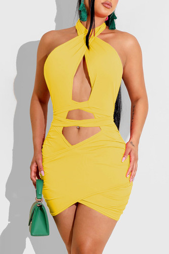 Robes de robe sans manches à licou dos nu sexy à la mode jaune