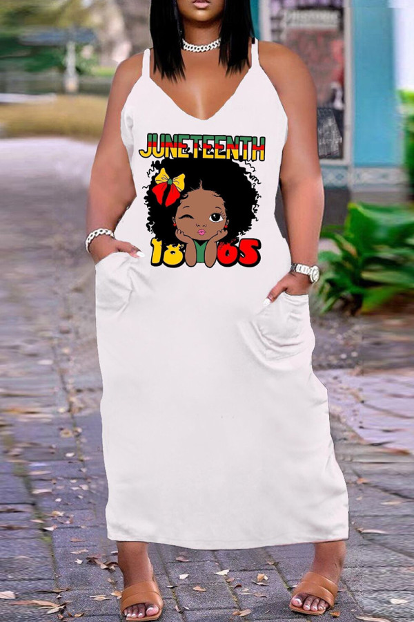 Vestido largo con tirante de espagueti sin espalda con estampado de tallas grandes sexy de moda blanco