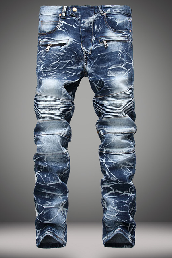 Pantalones con cremallera azul Street Patchwork Make Old Fold