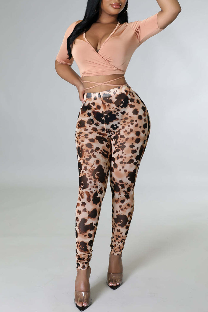 

Apricot Pink Sexy Print Leopard Split Joint V Neck Short Sleeve Two Pieces