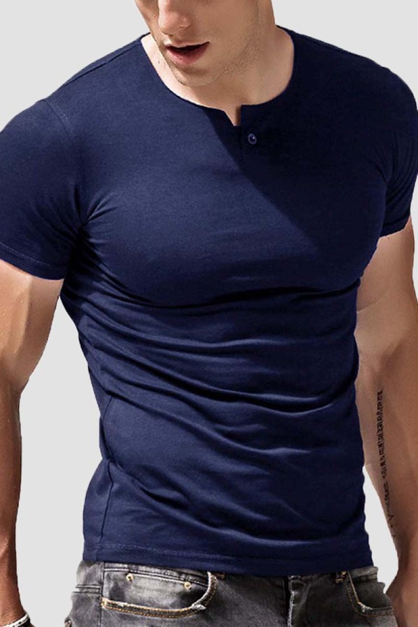 Camiseta masculina casual moda casual sólida básica com gola O azul real