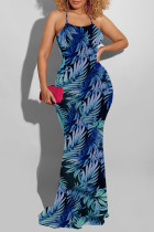 Blue Fashion Sexy Print Backless Cross Straps Spaghetti Strap Long Dress Dresses
