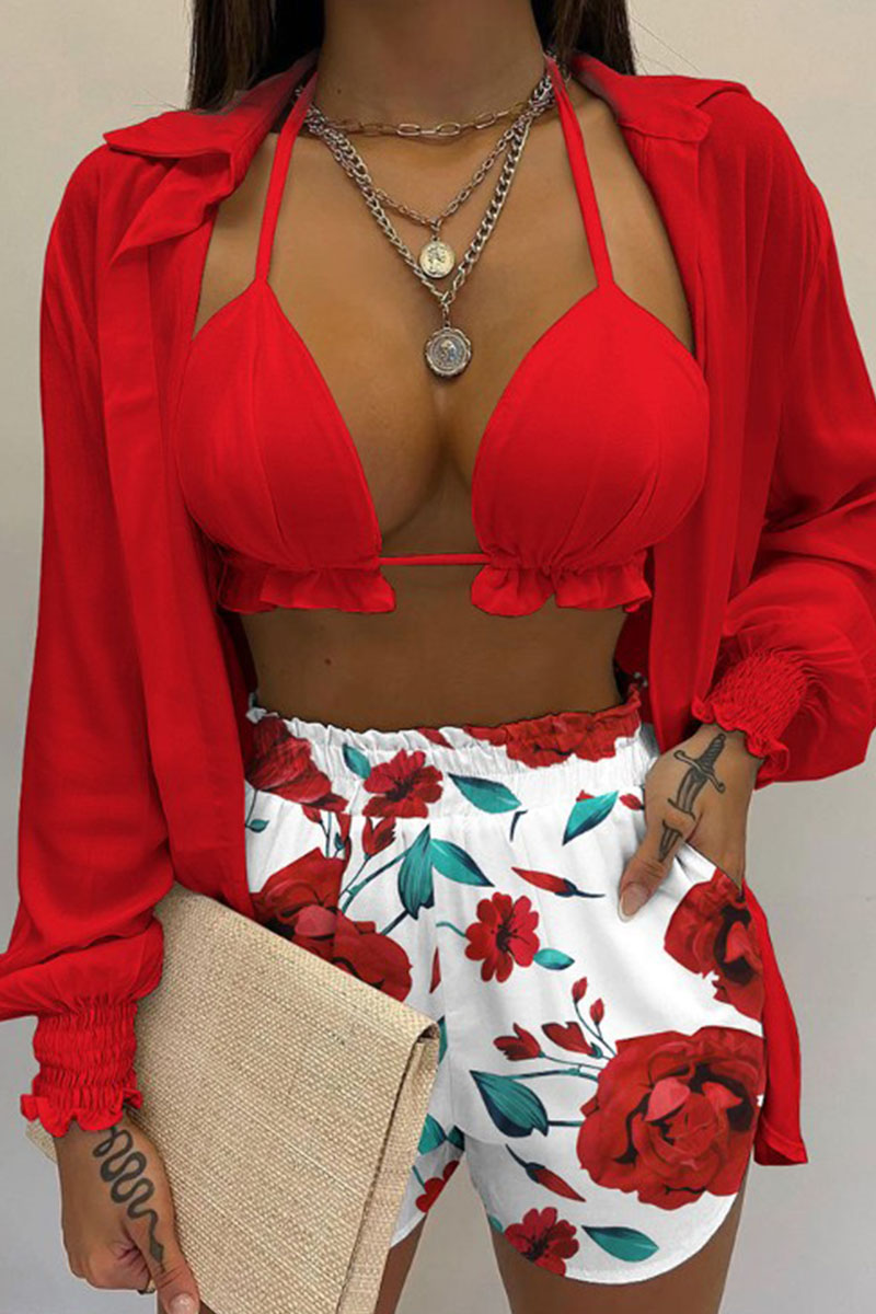 

Red Sexy Print Split Joint Turndown Collar Long Sleeve Three Pieces