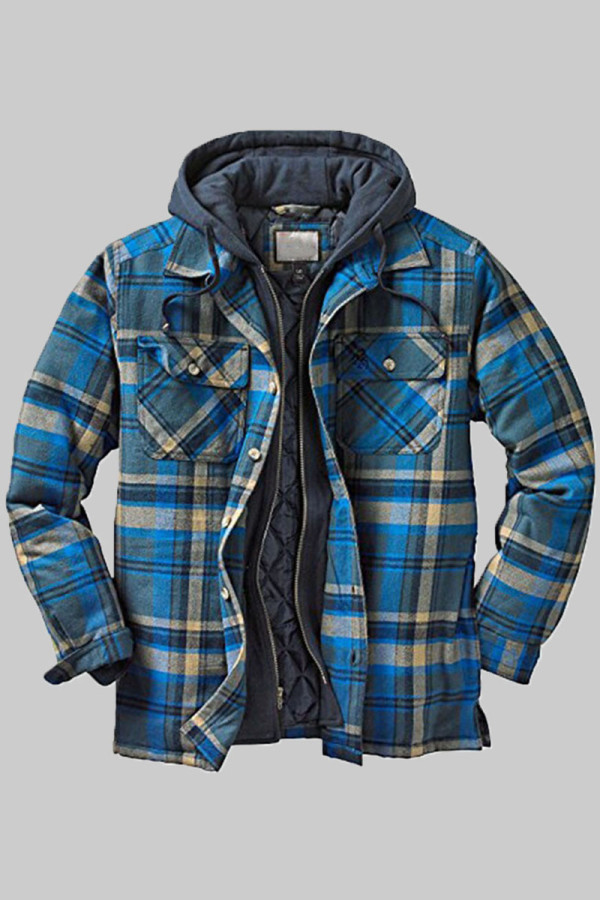 Prendas de abrigo con cuello con capucha y patchwork a cuadros casuales de moda azul