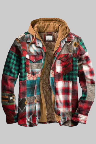 Multicolor Fashion Casual Plaid Split Joint Hooded Collar Outerwear