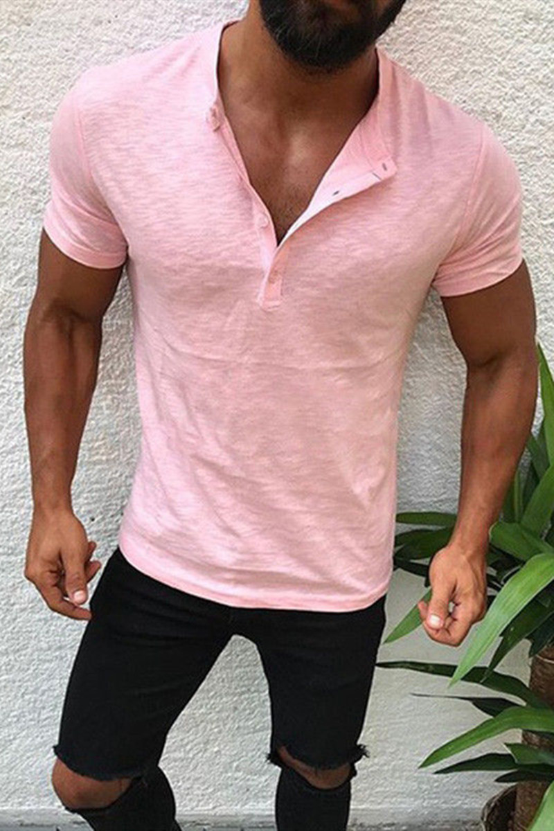 

Pink Fashion Casual Solid Basic V Neck Men's T-shirt