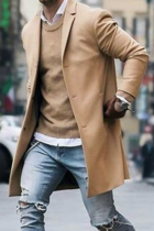 Prendas de abrigo de cuello vuelto con hebilla de bolsillo sólido informal de moda caqui