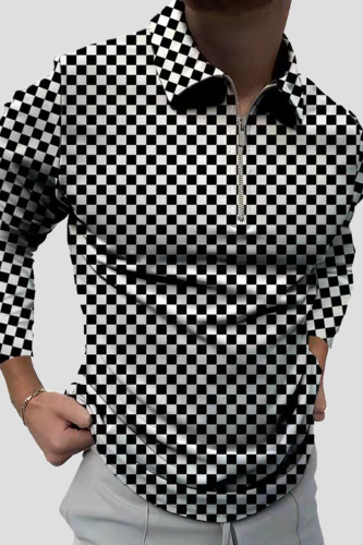 Black Fashion Casual Plaid Print Patchwork Zipper POLO collar Tops