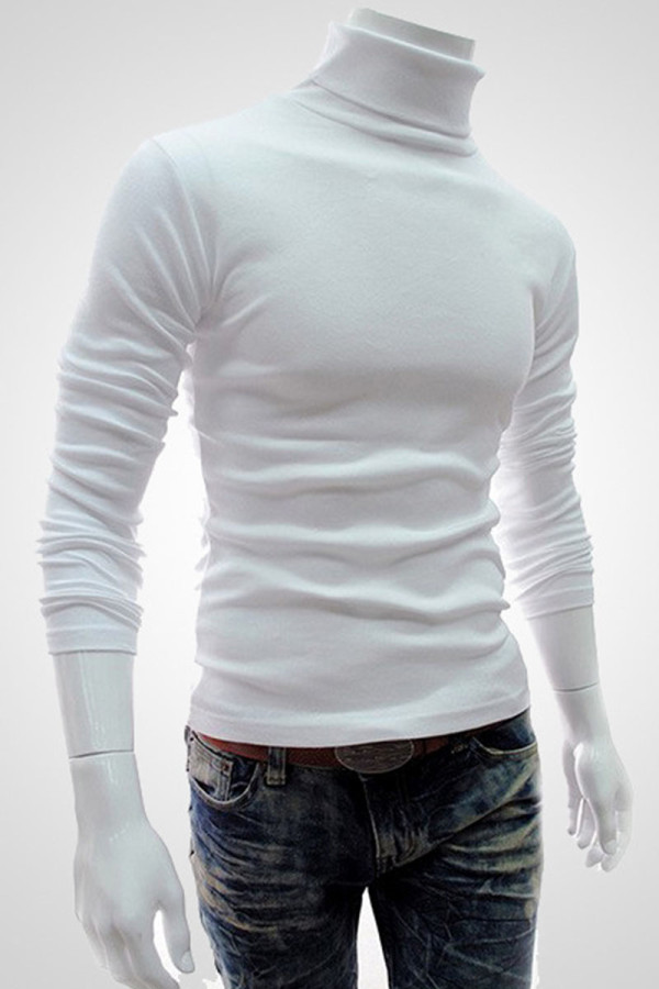 White Casual Solid Patchwork Turtleneck Tops