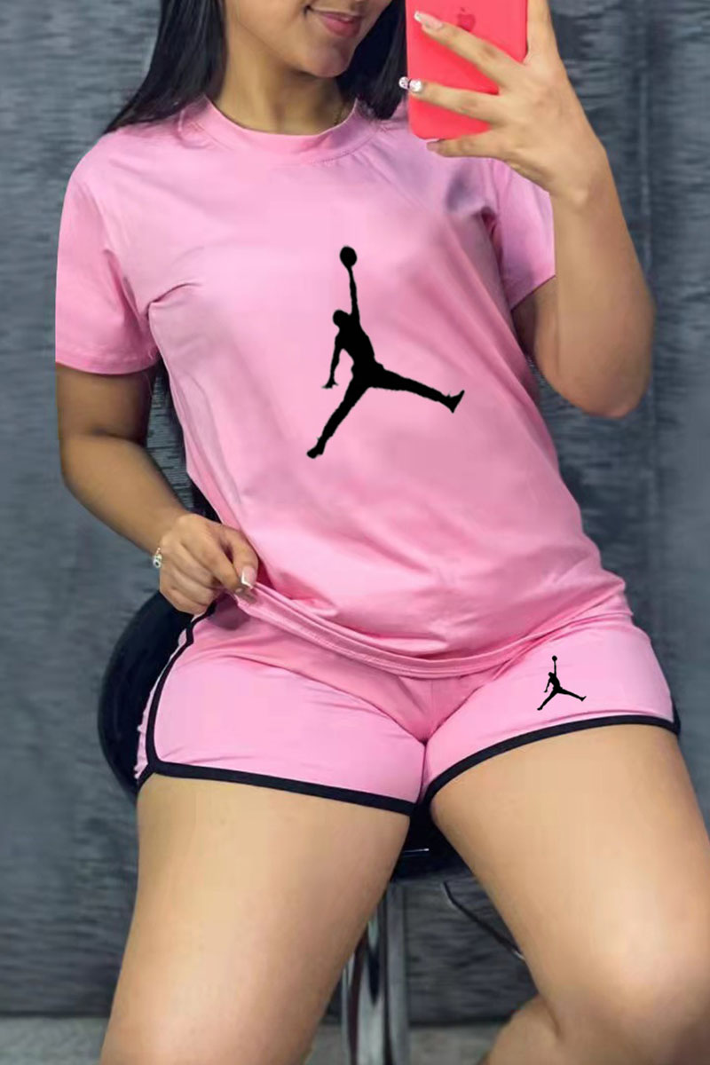 

Pink Fashion Casual Print Split Joint O Neck Short Sleeve Two Pieces