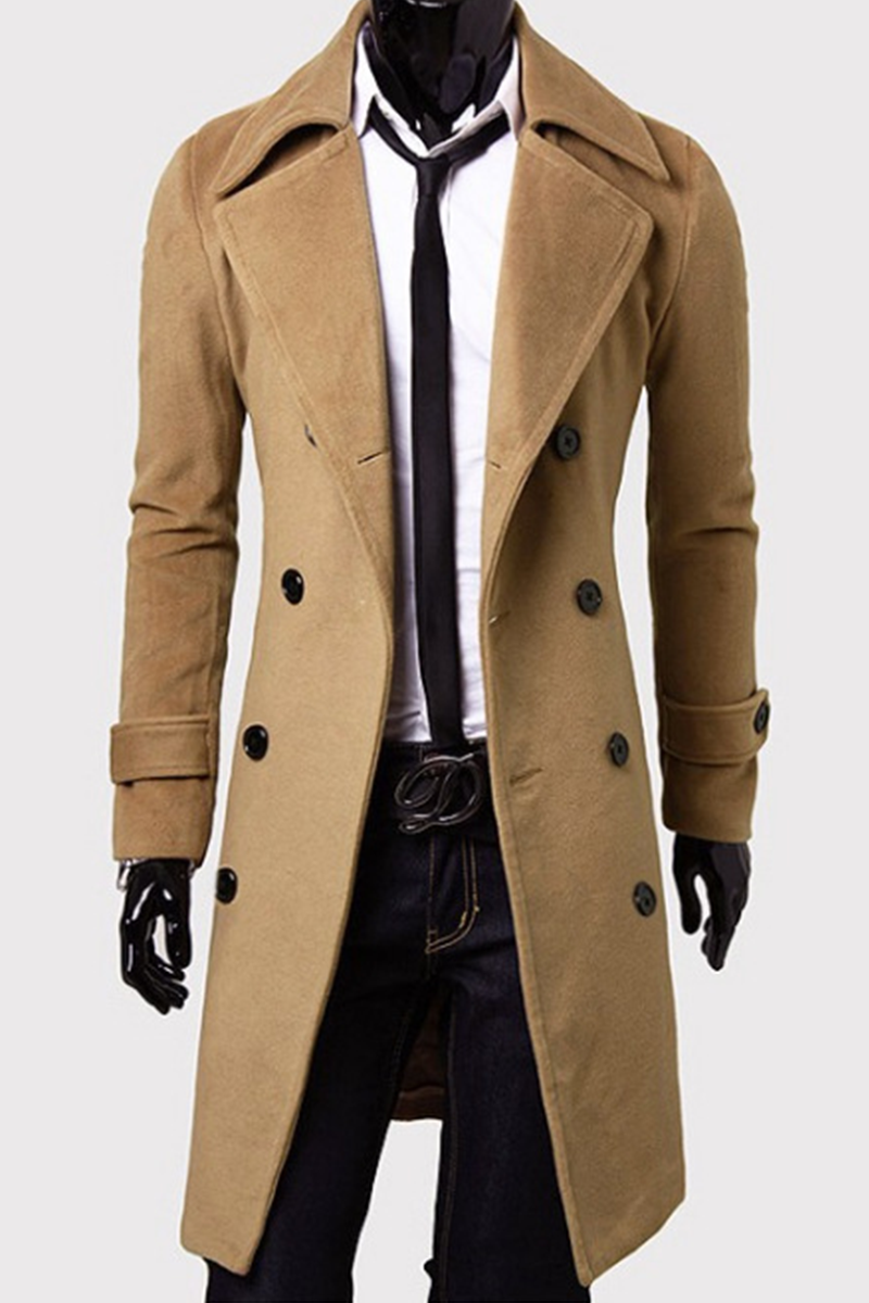 

Khaki Fashion Casual Solid Split Joint Buckle Turndown Collar Outerwear