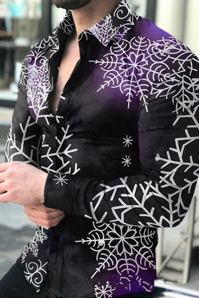 

Black Purple Fashion Print Split Joint Buckle Turndown Collar Tops