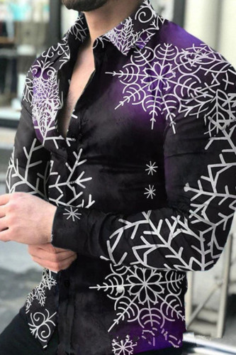 Black Purple Fashion Print Patchwork Buckle Turndown Collar Tops
