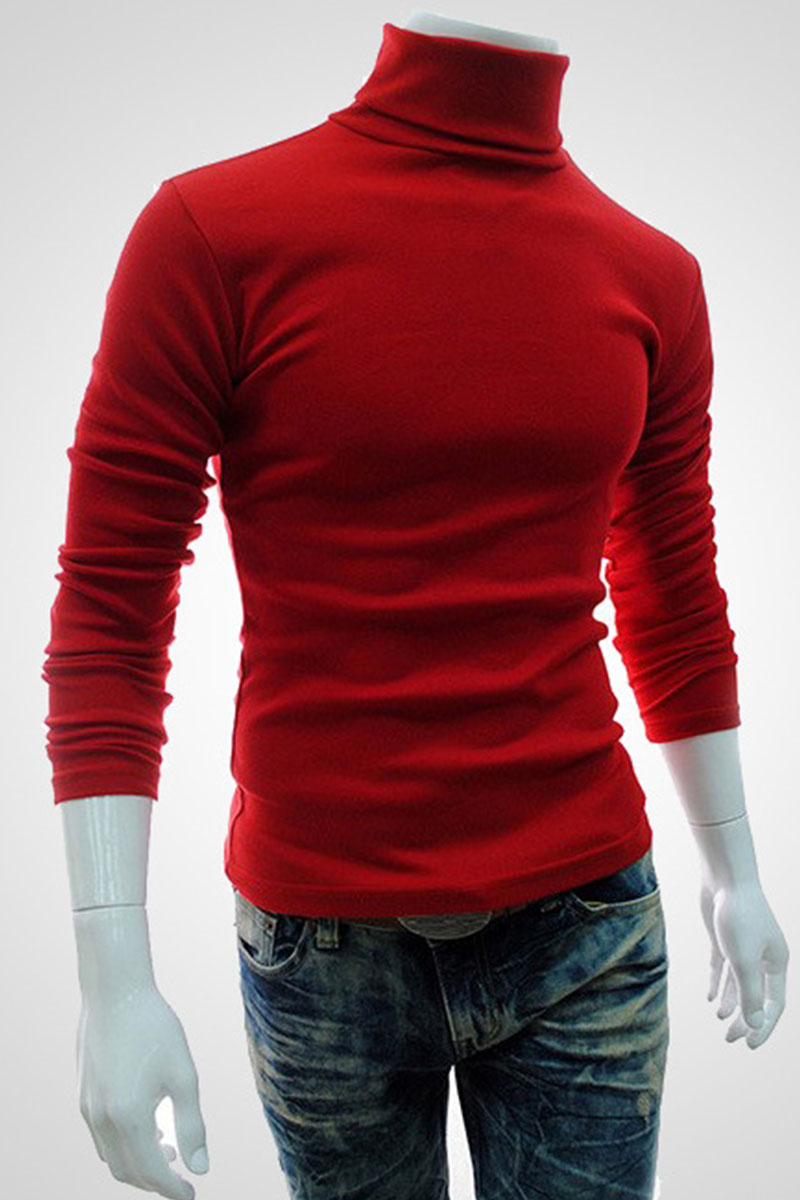 

Red Casual Solid Split Joint Turtleneck Tops