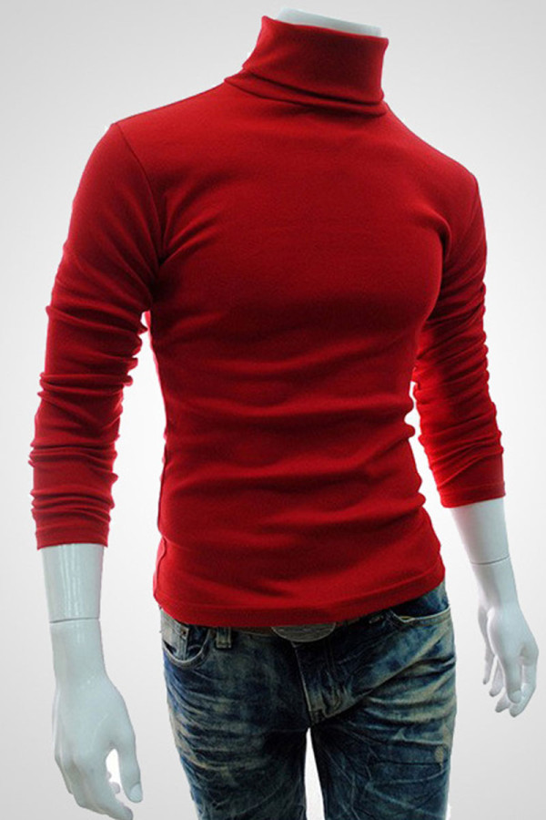 Red Casual Solid Patchwork Turtleneck Tops