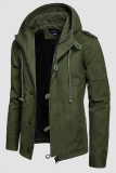 Army Green Fashion Casual Solid Draw String Buckle Hooded Collar Outerwear