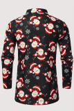 Black Casual Street Santa Claus Christmas Tree Printed Buckle Turndown Collar Tops