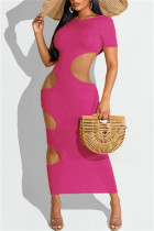 Розово-красное модное сексуальное однотонное платье с круглым вырезом и коротким рукавом