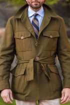 Armeegrüne Mode im britischen Stil, solide Taschenschnalle mit Gürtel, Umlegekragen, Oberbekleidung