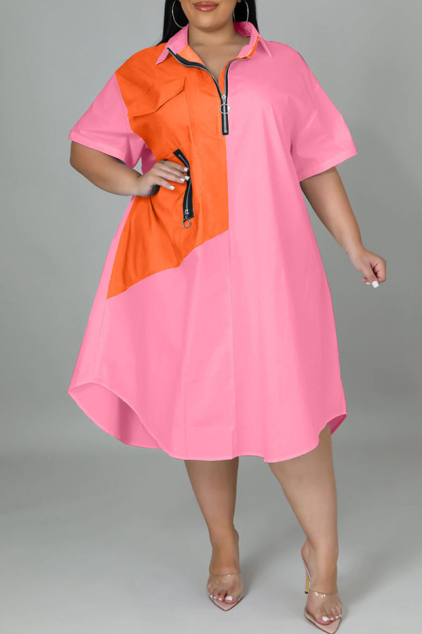 ピンク カジュアル ソリッド パッチワーク ジッパー カラー ストレート プラス サイズ ドレス