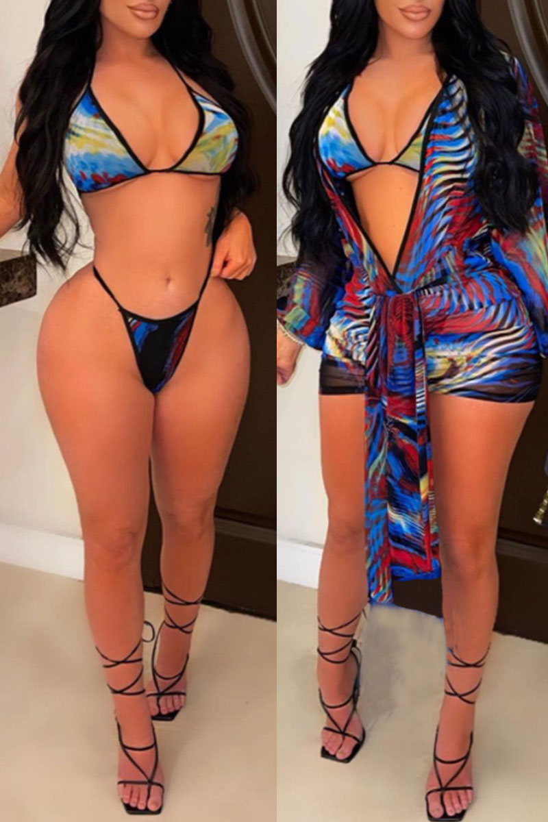 

Black Fashion Sexy Print Split Joint V Neck Long Sleeve Three-piece Set