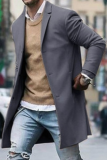 Burgundy Fashion Casual Solid Pocket Buckle Turn-back Collar Outerwear