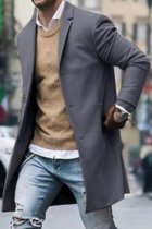 Prendas de abrigo de cuello vuelto con hebilla de bolsillo sólido casual de moda gris