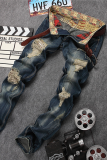 Ковбойские синие рваные штаны с уличным принтом (без пояса)