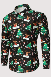 Orange Fashion Casual Wapiti Christmas Tree Printed Patchwork Buckle Turndown Collar Tops
