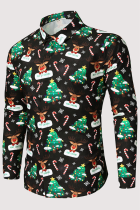 Top con colletto couverture con fibbia patchwork stampato albero di Natale Wapiti casual alla moda nero verde