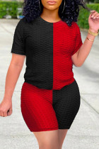 Красный Черный Модные повседневные однотонные пэчворк с круглым вырезом и короткими рукавами из двух частей