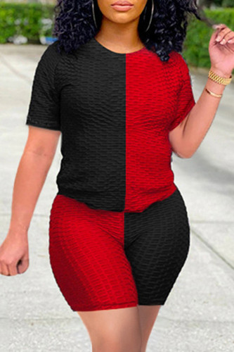 Red Black Fashion Casual Solid Patchwork O Neck Short Sleeve Two Pieces