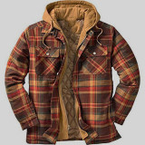 Brown Casual Street Plaid Print Patchwork Buckle Zipper Hooded Collar Outerwear