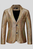 Prata moda rua xadrez bronzeamento retalhos fivela turn-back colarinho outerwear