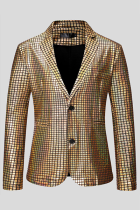 Gold Fashion Street Plaid Bronzing Patchwork Buckle Turn-back Collar Outerwear