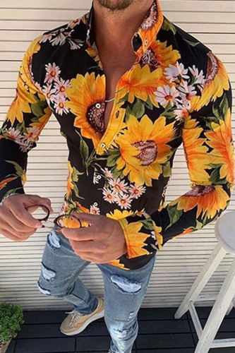 Yellow Vacation Print Patchwork Buckle Turndown Collar Tops