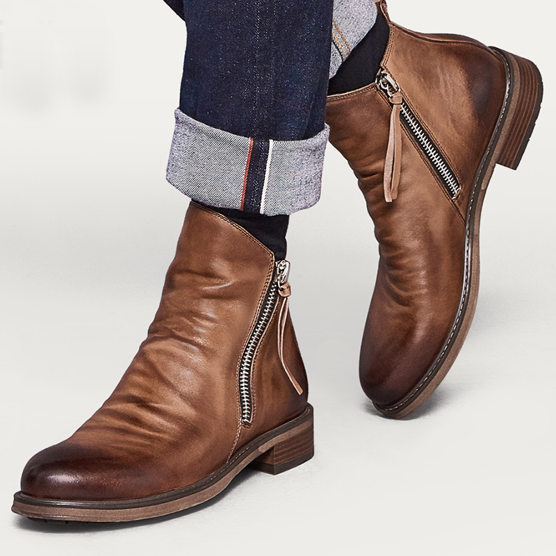 

Brown Fashion Fold Zipper Round Leather Shoes