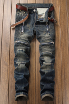 Il cowboy blu Casual Street Patchwork Fold Zipper Pantaloni a vita media (senza cintura)