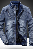 Blue Casual Street Solid Make Old Patchwork Zipper Denim Jackets