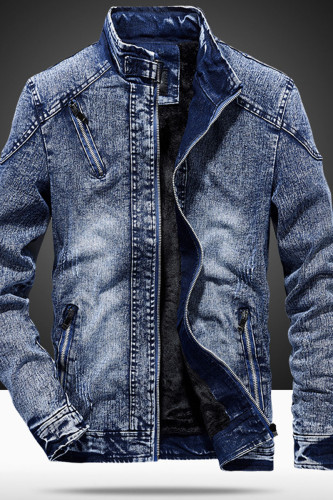 Svart Casual Street Solid Make Old Patchwork Zipper jeansjackor
