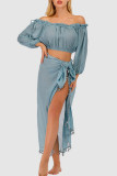 Sky Blue Sexy Solid Tassel Patchwork Off the Shoulder Long Sleeve Two Pieces