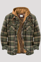 Green Fashion Casual Plaid Patchwork Pocket Hooded Collar Outerwear
