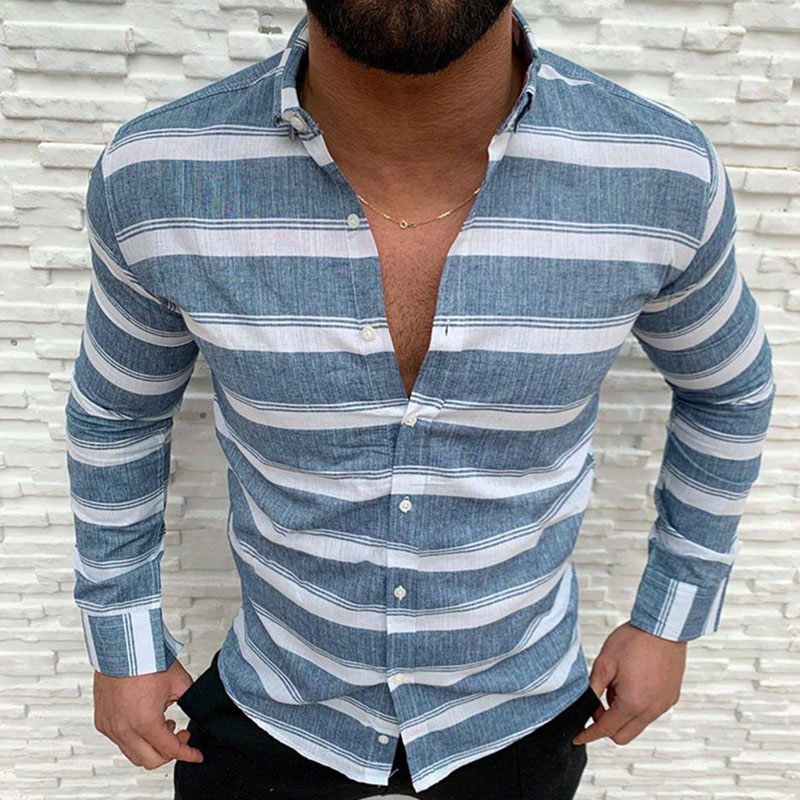 

Light Blue Casual Striped Print Split Joint Buckle Turndown Collar Tops