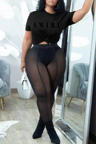Black Fashion Casual Letter Print See-through O Neck Short Sleeve Two Pieces